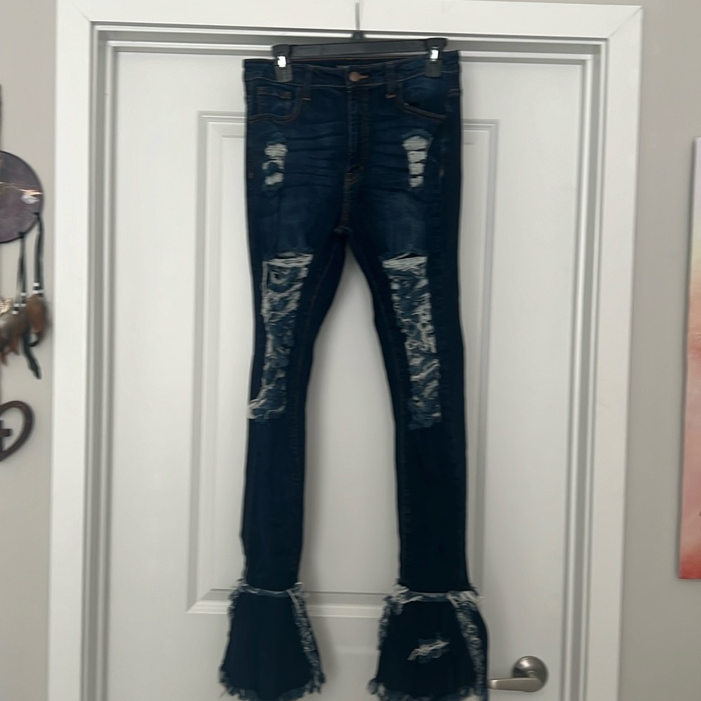 Fashion Nova Fray What You Mean Flare Dark Blue Jeans